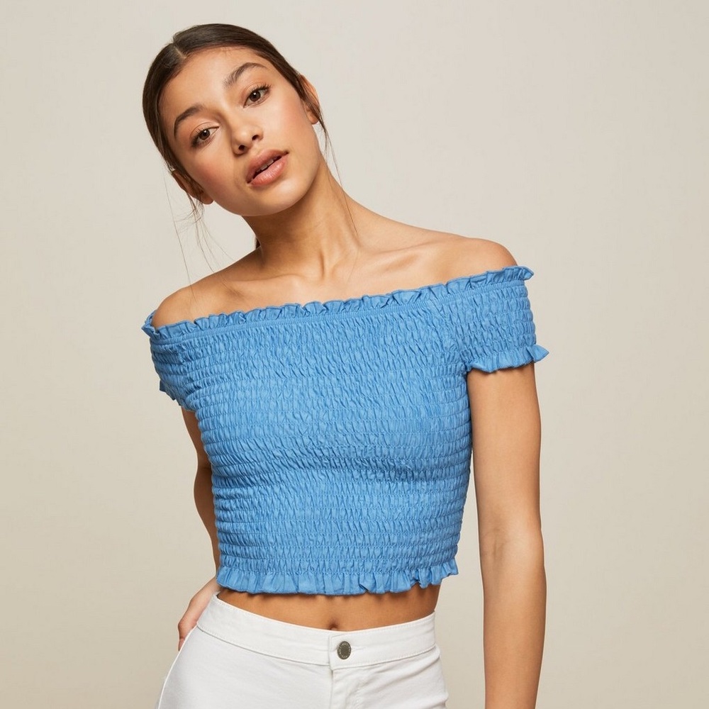 Blue Shirred Crop Top Off the Shoulder Size S